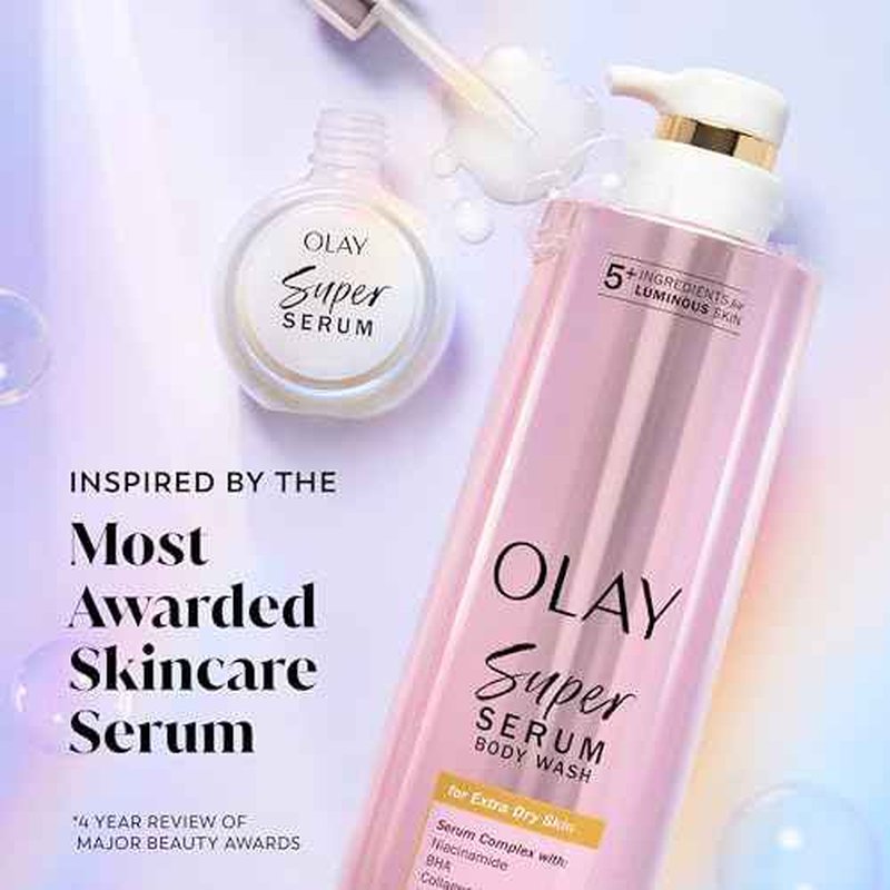 Olay Super Serum Body Wash for Extra Dry Skin, 24hr Long Lasting Hydration, 5+ Ingredient Serum Complex for Bright Even Firm Luminous Skin, 18.5 fl oz