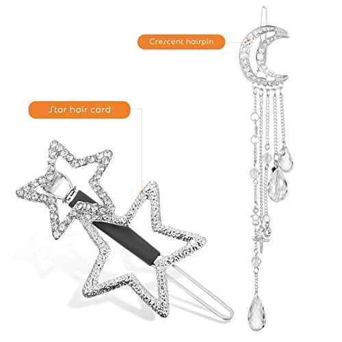 Beaupretty 4Pcs Moon Star hair clips Rhinestone Barrettes with Beads Tassel Hair charms Jewelry for Women Girl Silver Golden