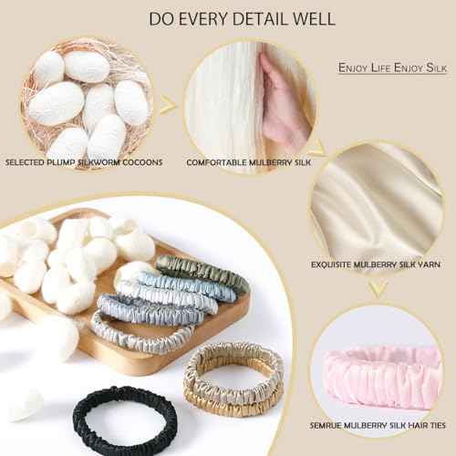 22 Momme 100% Pure Mulberry Silk Scrunchies (10 PCS) - Small Hair Elastics and Ties for Women Sleep, Hair Care No Damage, Black*5+Brown*5