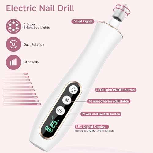 Professional Cordless Electric Nail File Set, 360 LED Light Drill Machine With LCD Display, 10 Speeds Rechargeable for Gel and Thick Toe Nails, Manicure Pedicure Kit, Christmas Gifts