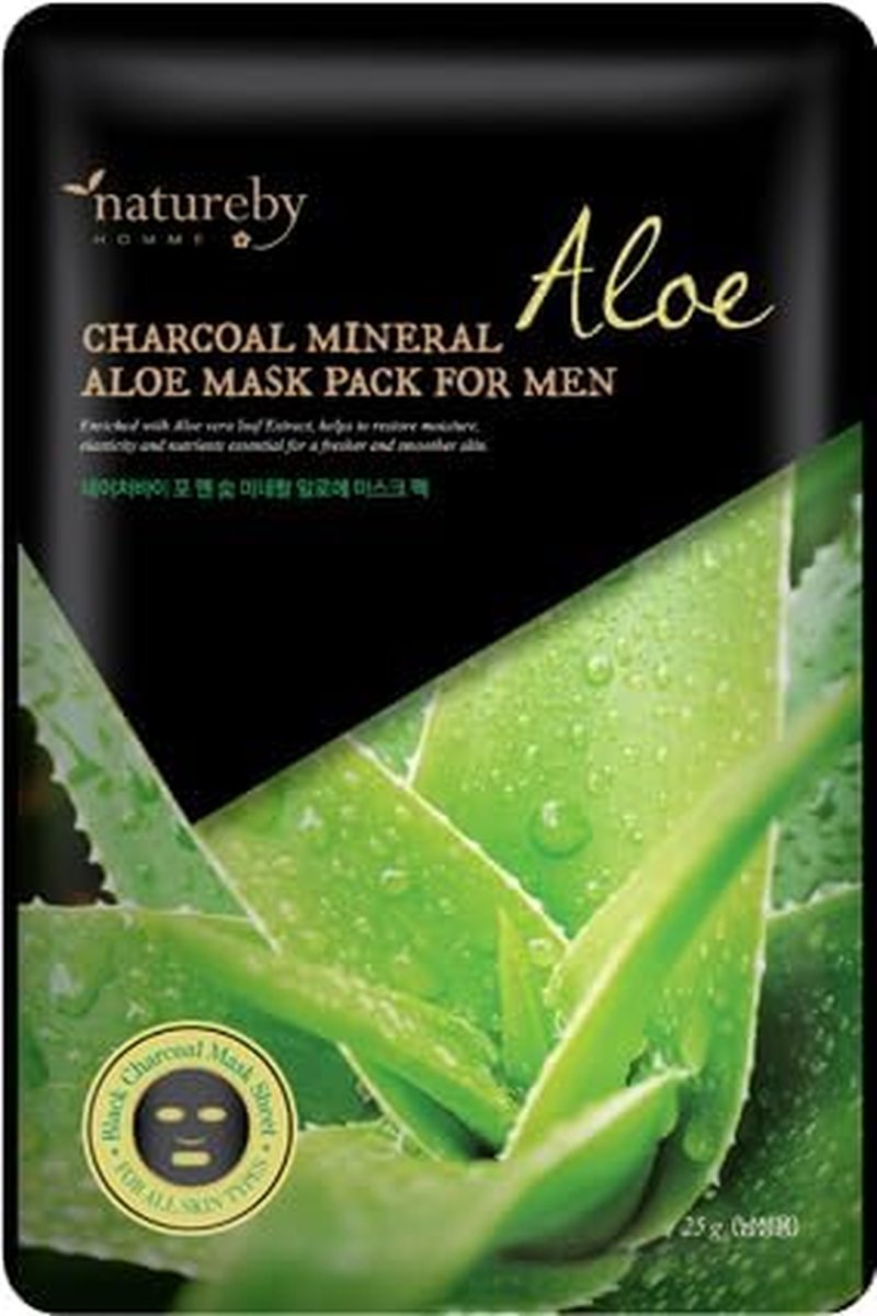 Charcoal Mineral Mask Pack for Men - Korean Skincare Face Treatment | Aloe Soothing, 10 Sheets
