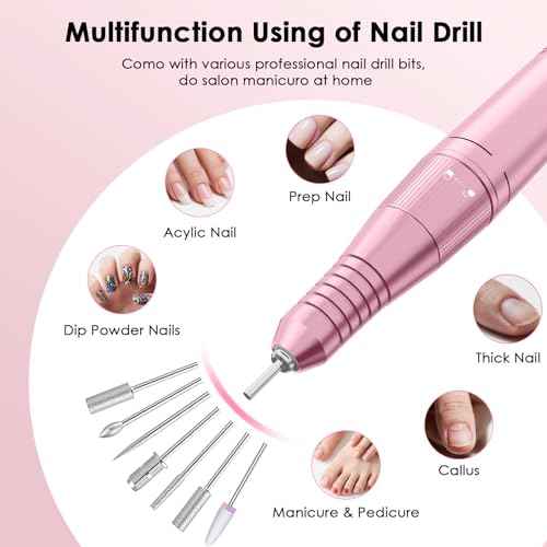 Professional Electric Nail Drill File, HUGMAPLE 45000RPM Portable E-File Machine with Bits & Base, Rechargeable Cordless Nail Drill Kit for Shaping, Removing & Polishing Gel Nails for Salon Home