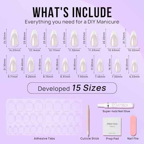 BTArtbox Press On Nails Almond - White French Tip Soft Gel Nails, Chrome Glue On Nails for Gifts, Natural Reusable Glazed Stick On Nails in 15 Sizes - 30 Fake Nails Kit, White Swan