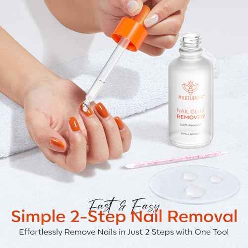 Modelones 50 ML Nail Glue Remover for Press On Nails, Upgrade Clear Stick On Nails Remover for Acrylic Tips, Nail Polish Remover with Wood Stick