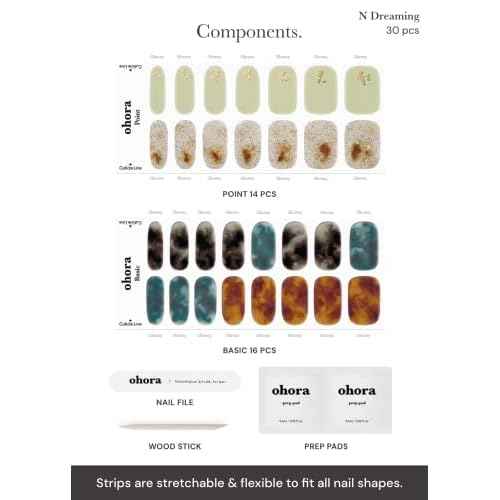 ohora Semi Cured Gel Nail Strips (N Dreaming) - Dark, Patterned, Works with Any UV/LED Lamps, Salon-Quality, Long Lasting, Easy to Apply & Remove - Includes 2 Prep Pads, Nail File & Wooden Stick
