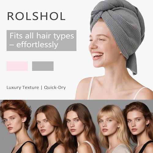 2 Pack Microfiber Hair Towel Wrap for Women, 32" x 11" Waffle Weave Hair Plopping Towel for Curly, Long & Thick Hair, Anti-Frizz Hair Turbans for Wet Hair (Pink, Grey)