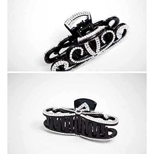 Yusier Lotus Rhinestone Hair Clip for Women - Thick Hair Big Grab Claw Clip with Diamond Crystal for Prom (Black)