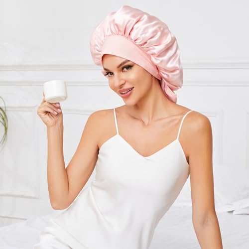 Large Silk Bonnet for Sleeping, Satin Hair Bonnet for Sleeping with Tie Band, Double Layer Satin Bonnets for Women Natural Curly Hair Shower cap