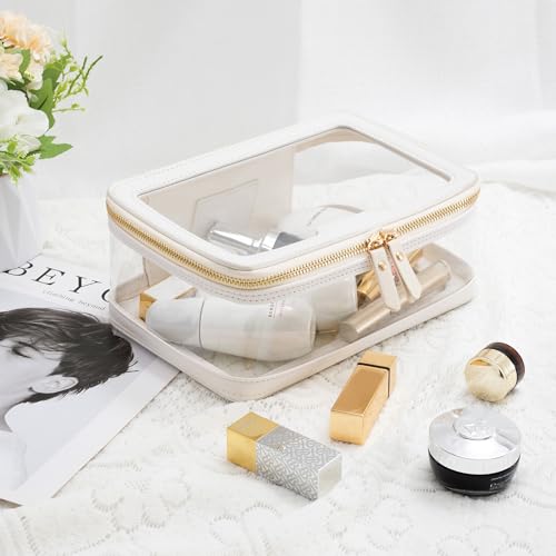 Aveniee Clear Makeup Bag, Large Transparent Cosmetic Pouch with Dual Zippers, Travel Toiletry Case Car Organization for Women Enssantials (Off-White)