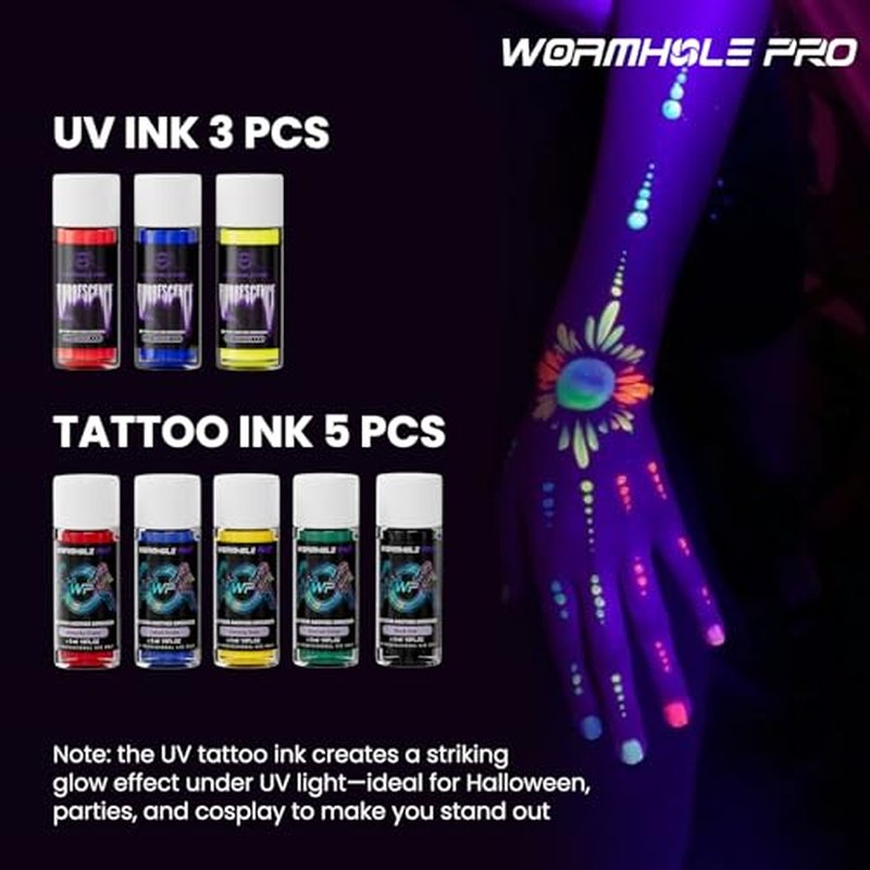 Wormhole Tattoo Gun 83pcs Tattoo Kit Complete Wireless Tattoo Pen Kit with Regular & UV Fluorescent Tattoo Ink Tattoo Supplies for Eyebrow Small Tattoos WTK384 New