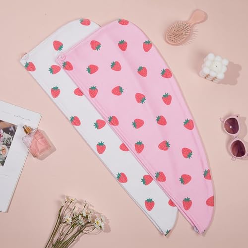 Unicorn Castle Microfiber Hair Towel for Kids 2Pack Hair Wrap Towels Absorbent Hair Drying Towel Wrap Hair Turbans for Curly Thick Hair, Pink White Strawberry