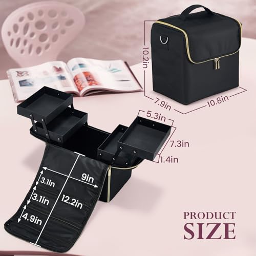 Large Travel Makeup Train Case, Big Makeup Bag Organizer Makeup Box,4 Tier Professional Cosmetic Storage Cases for Nail Tech Tattoo Storage Bag for Equipment and Supplies with luggage Sleeve