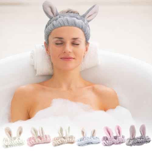 6 Pack Spa Headband, Rabbit Ears Makeup Headband Hair Band, Elastic Bunny Ears Coral Fleece Head Wrap Skincare Headbands for Party Face Washing Beauty Shower Women Girls, Easter Cosplay Costum