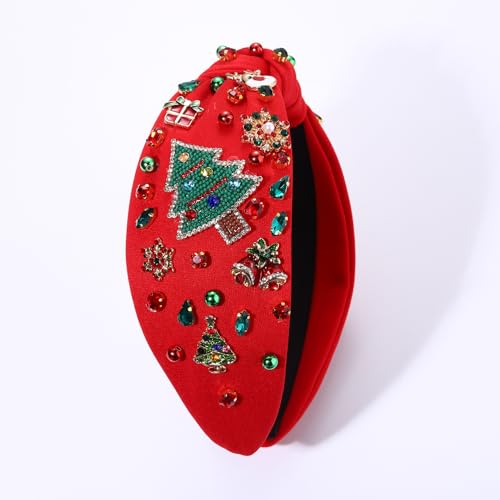Jeweled Plaid Embellished Crystal Pearl Knotted Wide Top Knot Headband for Women - Holiday Hair Accessory Gift (Big Xmas Tree 4)