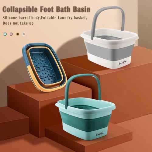 Collapsible Foot Bath Basin for Soaking Feet,Foot Soak Tub,Plastic Foot Bucket with Handles and Massage Acupoint,Foldable Laundry Basket-Gery