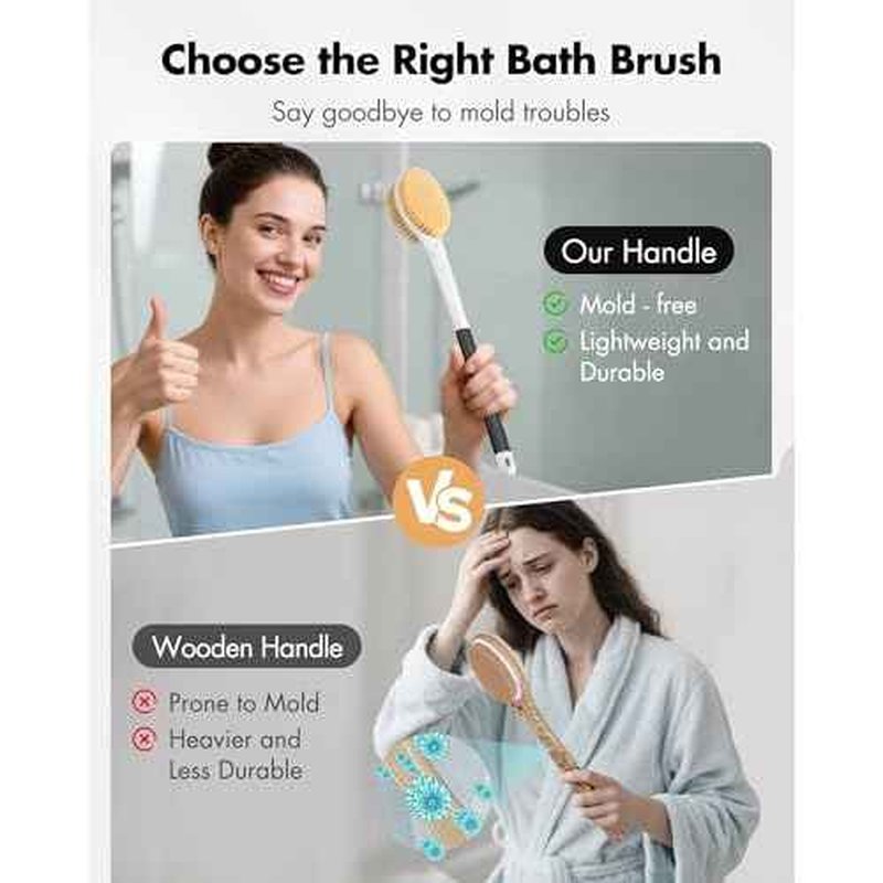 Back Scrubber Anti Slip for Shower: 18.1'' Long Handle Bath Brush with Stiff and Soft Bristles Body Exfoliator Wet or Dry Brushing for Women, Men, Elderly (Charcoal Gray)