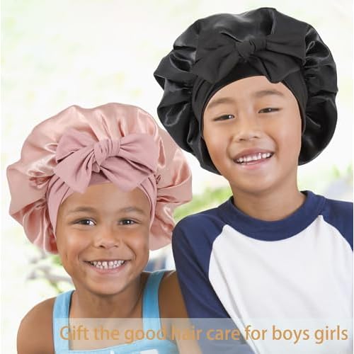 2 PCS Kids Bonnet for Girls Double Layer Silk Satin Bonnet Sleep Cap for Child Curly Natural Hair 3-12Y (pink&black)