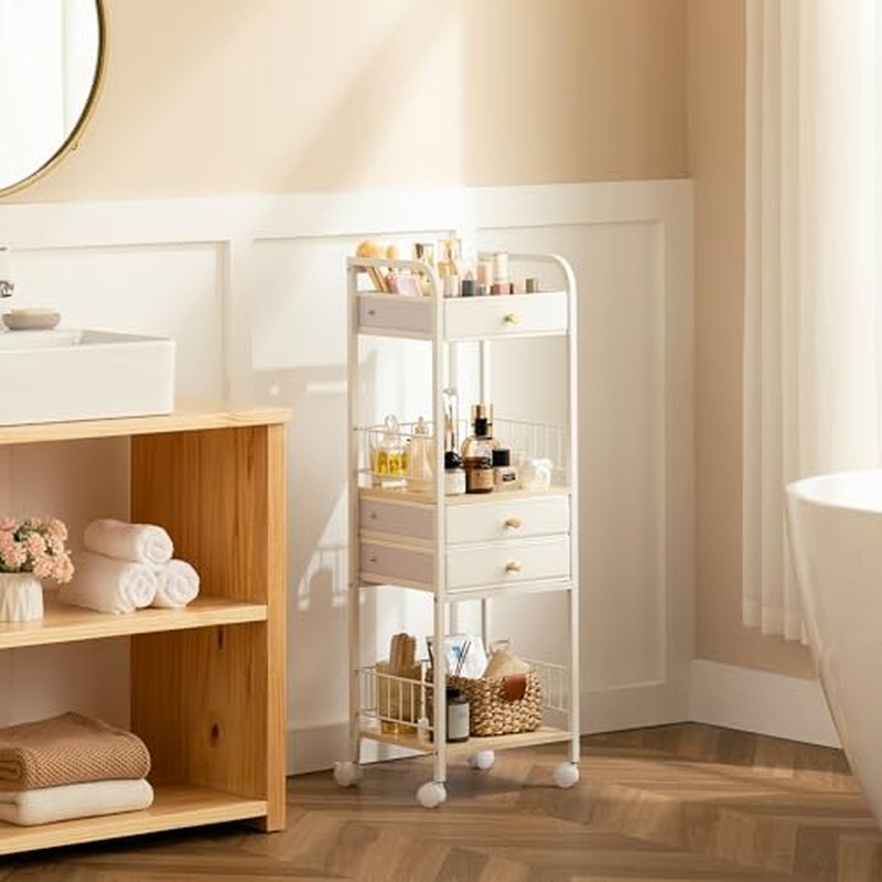 HBlife Floor Makeup Organizer Storage Cart, Make Up Organizers with Drawers, Vanity Cosmetics Display Cases Holder for Skincare Nail Polish Perfume, Bathroom Organizer Shelf with Wheels