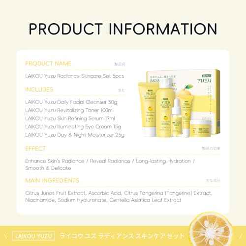 LAIKOU Skin Care Set, Gifts for Women, Skin Care Routine Kit for Women, Skincare Gift Set with YUZU Cleanser, Toner, Serum, Eye Cream, Face Cream Mother's Day Christmas Birthday Daughter Wife