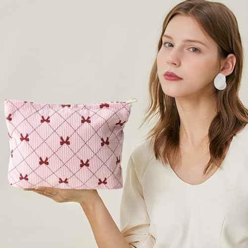LYDZTION 2PCS Cute Corduroy Makeup Bag Set for Women, Small Travel Toiletry Bag, Coquette Cosmetic Pouch With Bow, Portable Versatile Zipper Pouch - Pink
