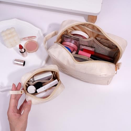 MAGEFY 2Pcs Makeup Bag, Cute Checkered Pouch with Handle, Leather Travel Makeup Pouches for purse Make Up Bag for Cosmetic, Lipstick,Beige