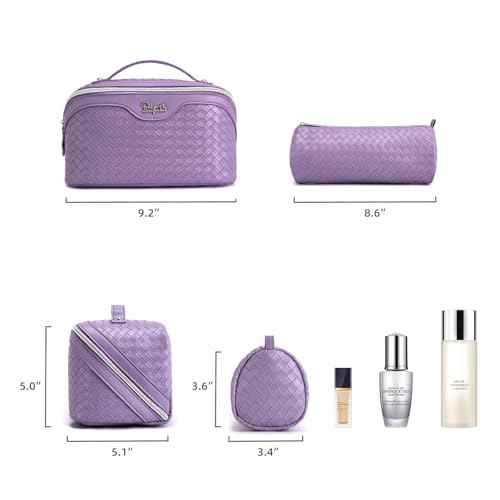 BOYATU Travel Makeup Bag Cosmetic Bags for Women: Large Capacity 3 Pcs Set Make up Bag with Compartments - Waterproof Vegan Leather Toiletry Organizer Bags with Handle - Travel Essentials(L01 Purple)