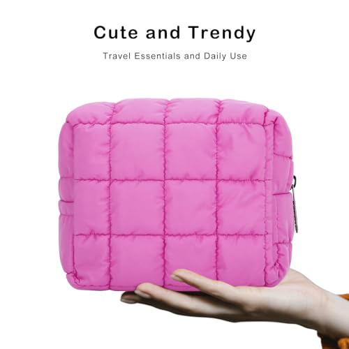E-Tree Cute Makeup Bag,Quilted Cosmetic Bag,Make up Pouch for Purse,Toiletry Zipper Pouch,Checkered Bag,Travel Case,Storage Pouches for Organization (Hot Pink)