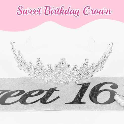 CURASA 16th Birthday Sash and Crown Silver Sweet 16 Sash 16th Birthday Tiara for Women Girls Sweet 16 Decorations Party Supplies