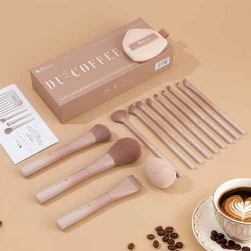 DUcare Christmas Makeup Brushes Set 12Pcs Coffee Series Makeup Brush set with Makeup Sponges Foundation Blending Face Powder Blush Eye Shadows Brushes