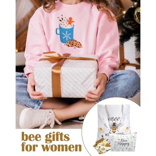 3 Pcs Bee Themed Gifts for Women Funny Honeybee Canvas Tote Bag with Zipper Makeup Bag and Socks Bee day Holiday Birthday Gifts for Mother Teachers Employee Beekeepers Lovers