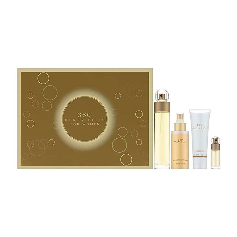Perry Ellis 360 Women 3.4oz EDT Spray, 4oz Body Mist Spray, 3oz Shower Gel, 0.25oz EDT Spray 4 Pc Gift Set