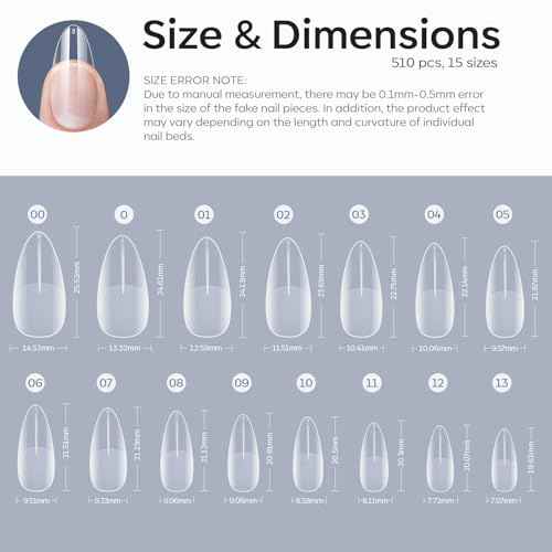 Modelones Almond Fake Nail Tips -510Pcs Medium Soft Gel Nail Tips Almond Shape Pre Etched Half Matte Full Cover Clear Acrylic Gel Kit False Press on for Extension Manicure Salon DIY at Home 15 Sizes