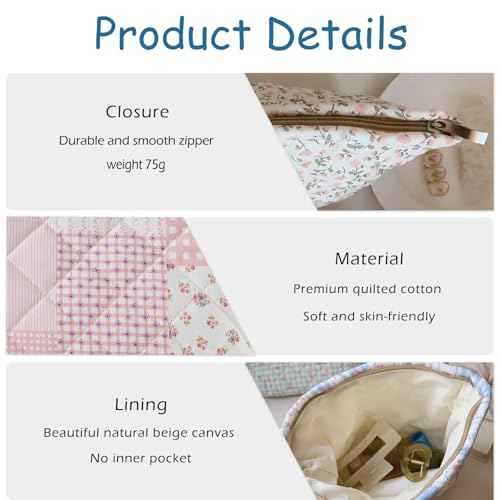 Quilted Cotton Makeup Bag,Coquette Floral Quilted Cosmetic Bag, Travel Toiletry Makeup Bag for Women and Girls, Aesthetic Travel Organized Cosmetic Pouch(09 Patchwork Pink)