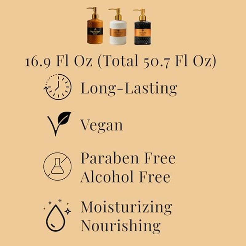 Luxury Pack of 3 Liquid Hand Soap, Jasmine/Musk Vanilla/Vanilla Orange Bathroom Soap Hand Wash Refillable Bottle Gift 50.7 Fl Oz