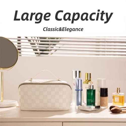 Large Capacity Brown Checkered Makeup Bags Portable Travel Cosmetic Bags Open-Flat Toiletry Bag for Women Girls Make Up Organizer with Divider Pouch Zipper Bag (white-checkered)