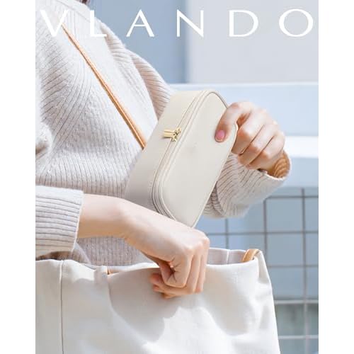 Vlando Travel Makeup Bag,Small Makeup Pouch Cosmetic Bag for Women Makeup Organizer Bag Gifts for Women Girlfriend Teacher Mom Brithday Gifts-White