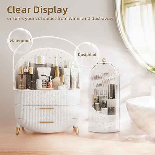 Makeup Organizers Countertop, Makeup organization for Vanity, Cosmetic Storage with Lid and Drawers, Skincare Display Cases with for Desktop, Bathroom (White)