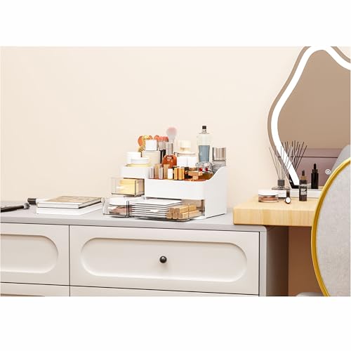 White Makeup Organizer With Drawers,Large Skincare Organizers for Countertop,Desk,Dresser,Plastic Bathroom Counter Organizer for Brush,Palettes,Perfume,Beauty Products Organization,Skin Care Storage