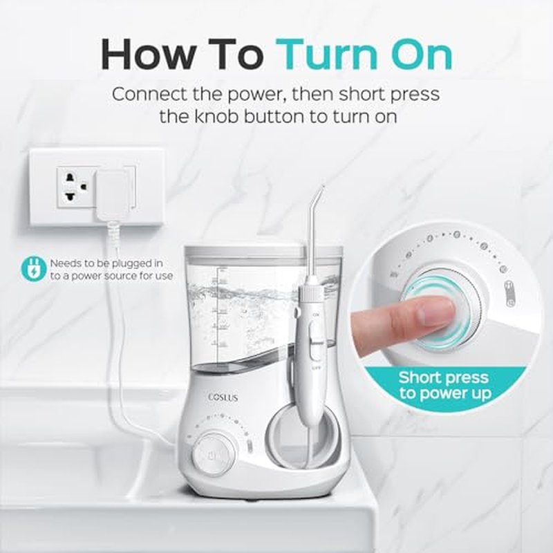 COSLUS Professional Water Flosser for Teeth: 12 Pressure Settings Electric Dental Pick for Tooth Cleaning, Sensitive Gums, Braces, Oral Care - Home Use, ??4 Jet Tips for Multiple Users, Family, White