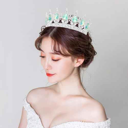 Queen Crown Rhinestone Wedding Crowns and Tiaras for Women Costume Party Hair Accessories Princess Birthday Crown Crystal Bridal Crown (Silver Fantasy Light Green)