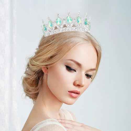 Queen Crown Rhinestone Wedding Crowns and Tiaras for Women Costume Party Hair Accessories Princess Birthday Crown Crystal Bridal Crown (Silver Fantasy Light Green)