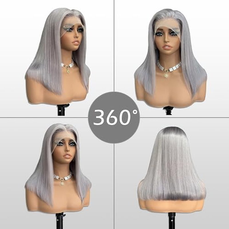 Grey Bob Wigs Human Hair 13x4 Lace Front Wigs Glueless Brazilian Remy Hair Straight for Women 8 Inch Pre Plucked Natural Hairline 180% Density Dark Grey HD Lace Frontal Short Bob Wigs