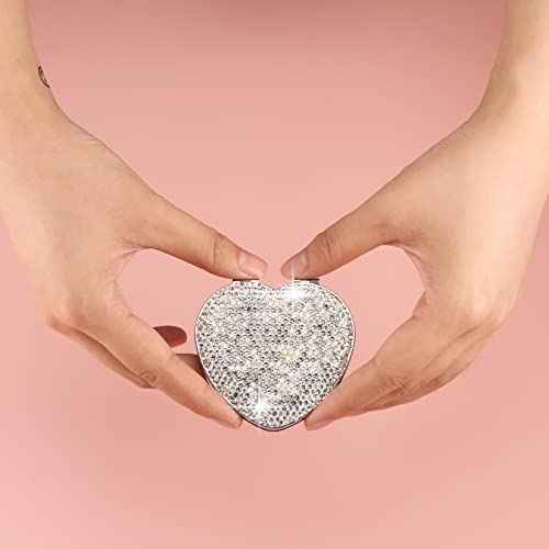AsAlways Rhinestone Compact Pocket Mirror Portable Travel Cute Cosmetic Mirror Folding Handheld Double-Sided 1x/2x Magnifying Purse Mirror (Silver)