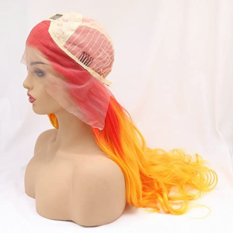24" Bright Red Orange Ombre Color Wig Heat Resistant Synthetic Lace Front Wigs for Women Flame Red Female Cosplay Party Wigs Drag Queen