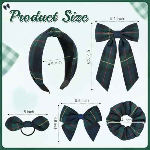 DEEKA 5 Styles Uniform Plaid Long Tail Hair Bows Knotted Headband Scrunchies Bow Set Alligator Clips Back to School Accessories for Toddler Little School Girls (Dark Green, Navy, Red&Yellow 5 Styles)