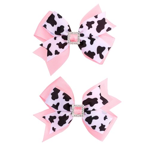 2 Pcs Pink Cow Hair Bow Clips, 4.3 Inch Animal Print Ribbon Bowknot Alligator Barrettes, Cute Print Hairpins Bows Barrettes for Cowgirls Theme Birthday Party Dress Outfit Costume Decor Accessories