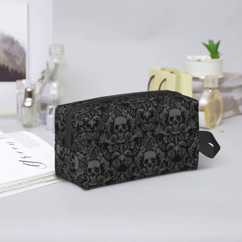 Gothic Skull Black Flower Halloween Cosmetic Bag for Women, Large Capacity Travel Makeup Pouch Portable Waterproof Toiletries Accessories Organizer