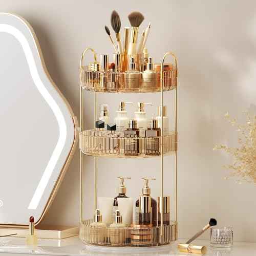 360¡Æ Rotating Makeup Organizer, Upgraded 3 Tier Skincare Perfume Organizers for Women, Bathroom Organizer Countertop, Clear Cosmetic Dresser Organizer with Makeup Brush Holder, Sink&Counter(Amber)
