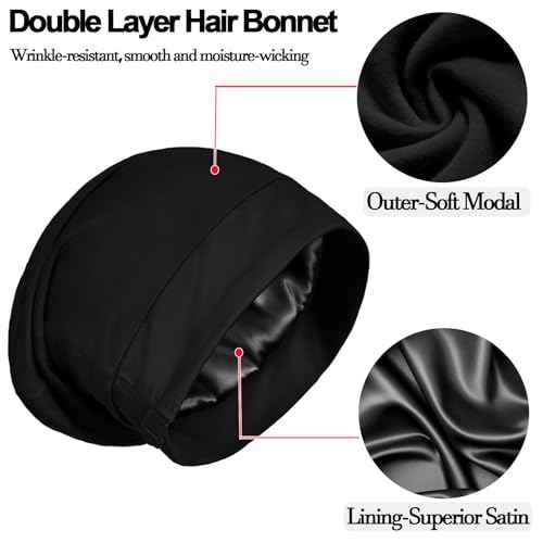 Satin Bonnet for Sleeping Night Cap, Adjustable Satin Lined Silk Bonnets Sleep Cap for Curly Hair Braids Beanie Black Women