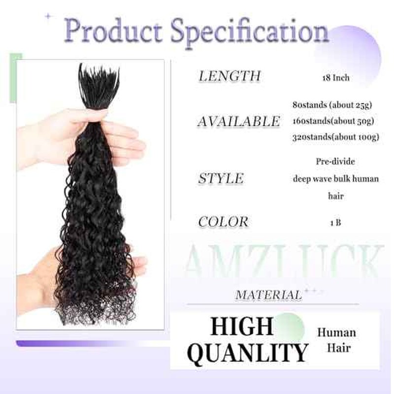 Pre-Divided Human Braiding Hair for Boho Braids Water Deep Wave Human Hair Bulk for Braiding No Weft Curly Human Hair Bundles for Boho Locs Boho Crochet Braids Hair Extensions (1B, 18"-320Strands)